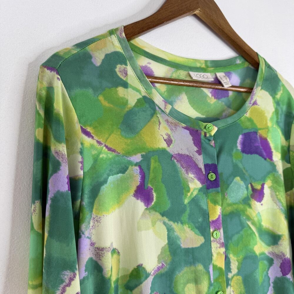 LOGO Lori Goldstein Top Womens L Bright Green Floral Button Up Long Sleeve Shirt